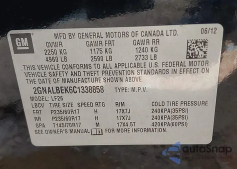 2012 Chevrolet Equinox Ls z USA, uszkodzony, nr VIN 2GNALBEK6C1338858